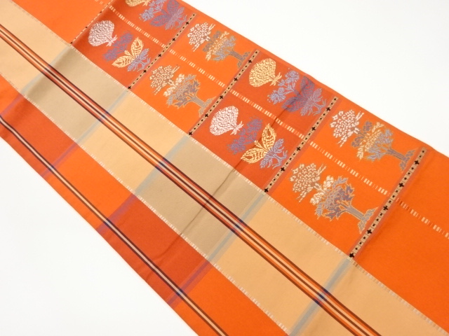 JAPANESE KIMONO / VINTAGE HIRAKI NAGOYA OBI / WOVEN GRID & FLORAL PLANTS